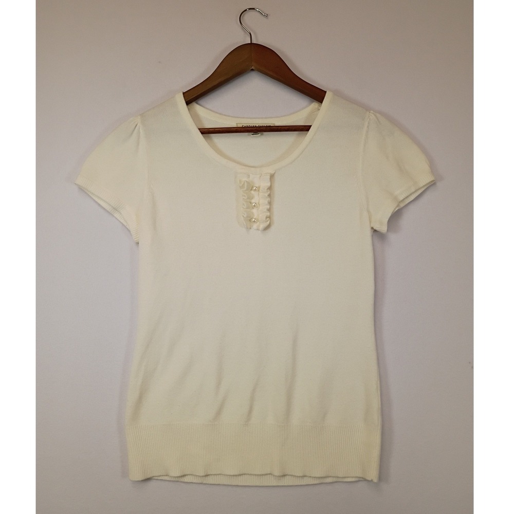 Coquette Carolyn Taylor Womens Small Cream Ruffle Pearl Short Sleeve Knit Top